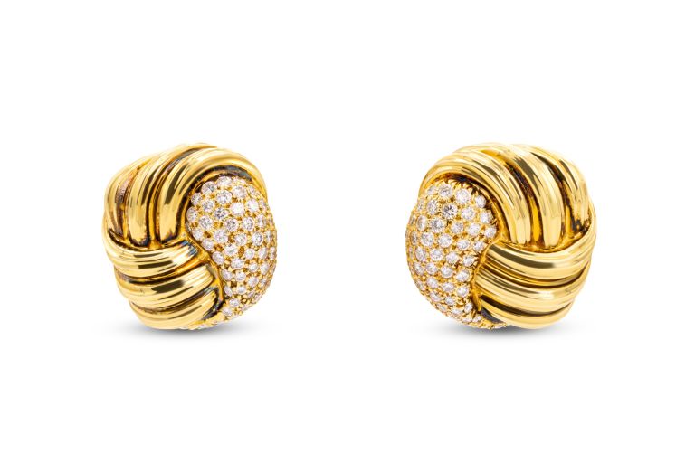 18K Yellow Gold and Diamond Henry Dunay Earrings knot style set with 100 pave set round diamonds (2.47ctw) (EF