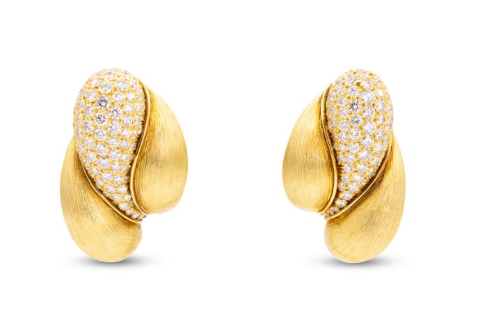 18K Yellow Gold Diamond Twist Earrings with a sabe finish and set with 144 round diamonds (3.60ctw)