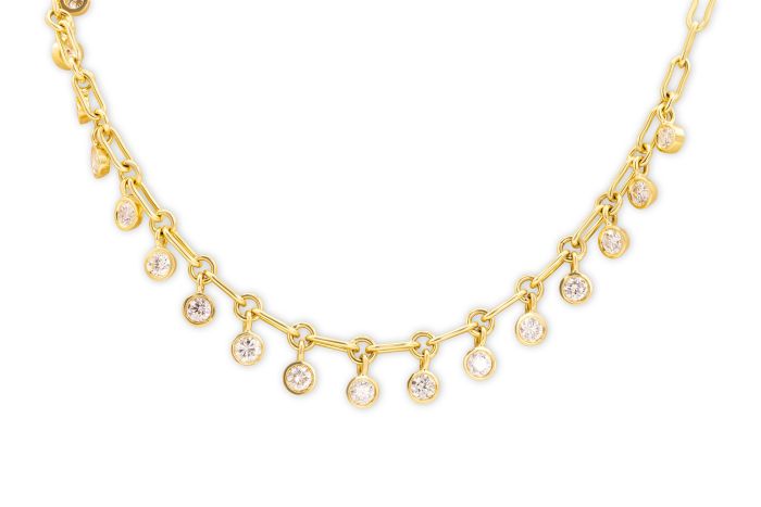 18K Yellow Gold Paperclip Fancy Drop Necklace set with 17 round bezel set diamonds (1.60ctw)