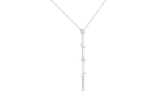 14K White Gold Vertical Diamond Bar Necklace set with 1 oval shaped