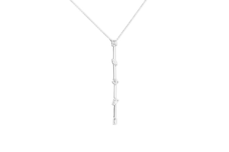 14K White Gold Vertical Diamond Bar Necklace set with 1 oval shaped