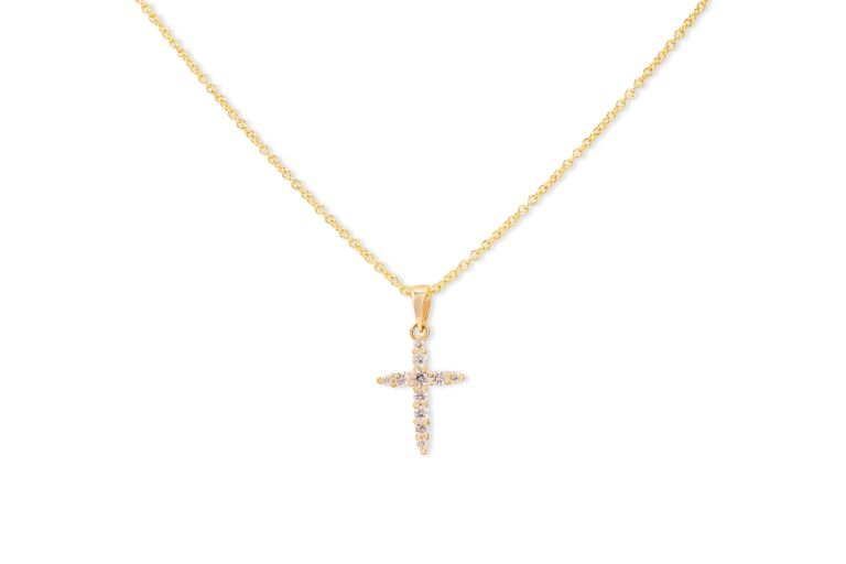 14K Yellow Gold Diamond Cross Pendant Necklace Set with 11 round cut diamonds (0.14ctw) (chain sold seperately GN7721144 $250)