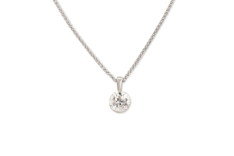 18K White Gold Diamond Solitaire Pendant Necklace set with 1 old mine cut diamond (1.52ct)