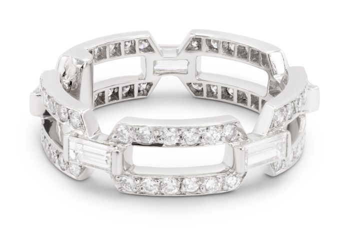 Platinum and Diamond Segment Ring set with 60 round diamonds and 5 baguette shaped diamonds (approximately 1.10ctw)