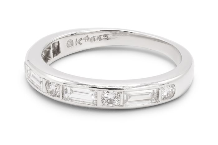 Platinum Diamond Partway Dot Dash Diamond Wedding Band set with 5 round Diamonds and 4 baguette cut diamonds