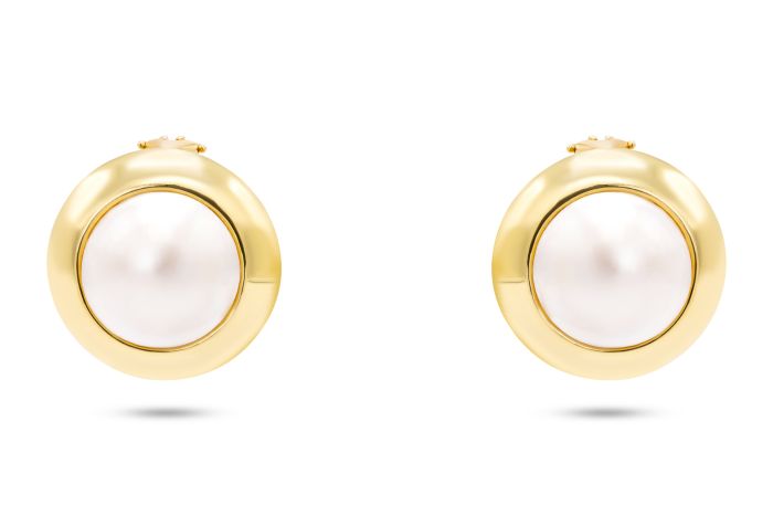 18K Yellow Gold Pearl Earrings set with 2 Mabe pearls (15mm each)