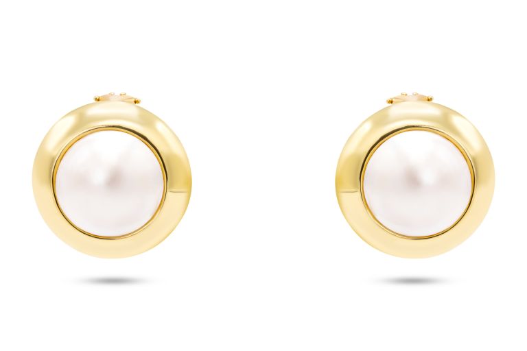 18K Yellow Gold Pearl Earrings set with 2 Mabe pearls (15mm each)