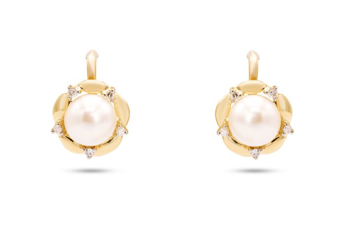 14K Yellow Gold Akoya Pearl and Diamond Earrings (7.6mm each) 8 single cut diamonds (0.04ctw)