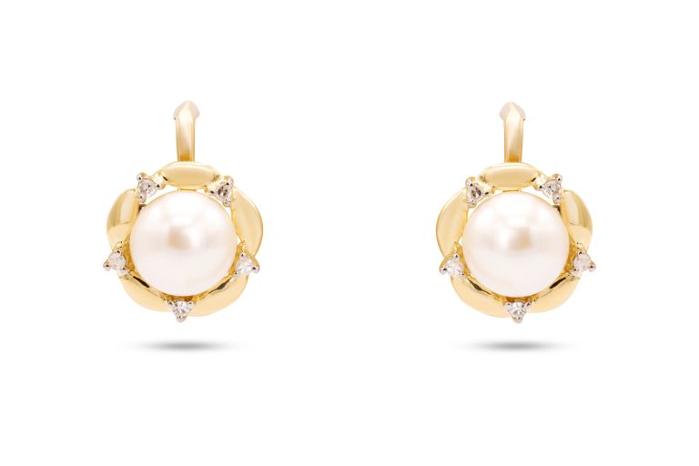 14K Yellow Gold Akoya Pearl and Diamond Earrings (7.6mm each) 8 single cut diamonds (0.04ctw)