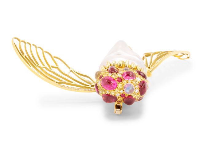 Ruby Moonstone and Yellow Sapphire Cicada Pin set with round and cabochon rubies (approximately 4ctw) and round diamonds (approximately 0.75ctw)