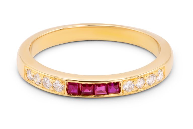 18K Rose Gold Ruby And Diamond Wedding Band by Oscar Heyman set with 4 square cut rubies and 8 round shaped diamonds