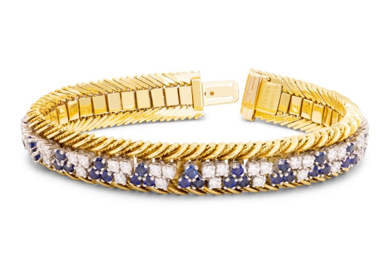 18K Yellow Gold and Platinum Diamond Bracelet set with 64 round diamonds (3.76ctw) and 60 round sapphires (5.83ctw) 6.75" length