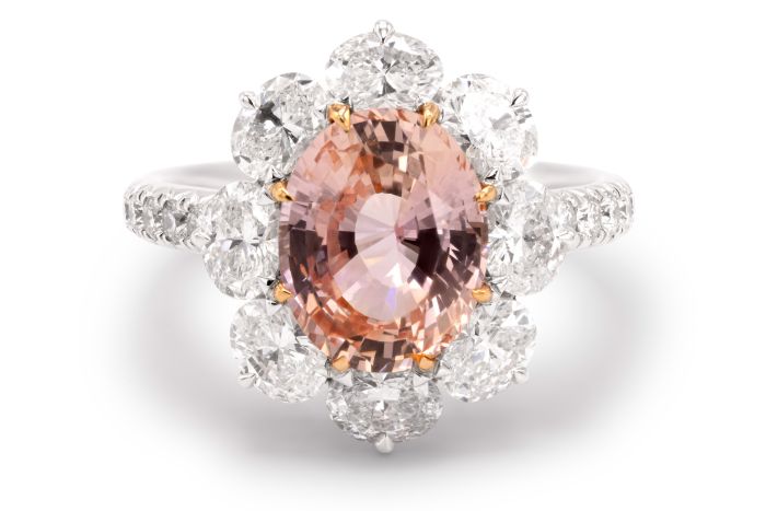 Platinum Padparadscha and Diamond Ring with 1 Oval Padparadscha (3.09Ct) (no heat