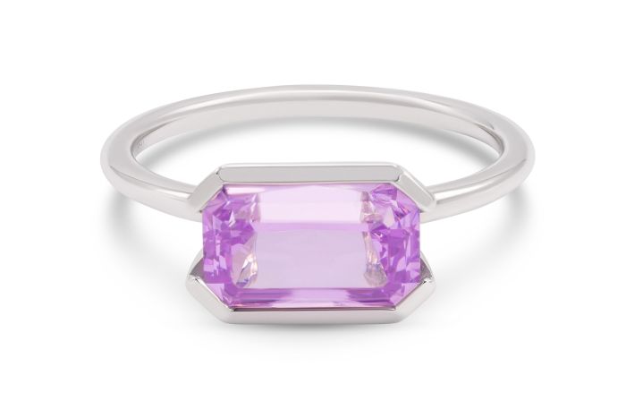 18K White Gold Emerald Cut Spinel Ring bezel set with one lavender spinel (2.80ct