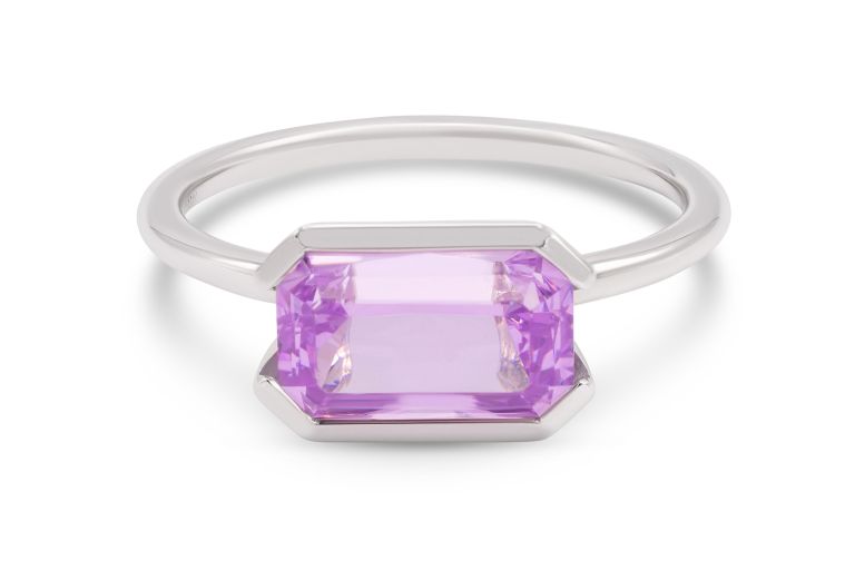 18K White Gold Emerald Cut Spinel Ring bezel set with one lavender spinel (2.80ct