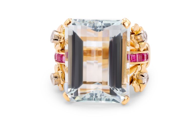 14K Rose Gold Emerald Cut Retro Aquamarine and Ruby Diamond Ring set with 1 emerald cut aquamarine  (approximately 19.50ct) (19.1x14.9x9.8mm